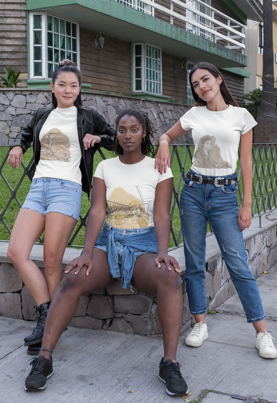 Three young women wearing t-shirts featuring working women.