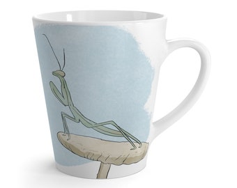 Mug with image of praying mantis.